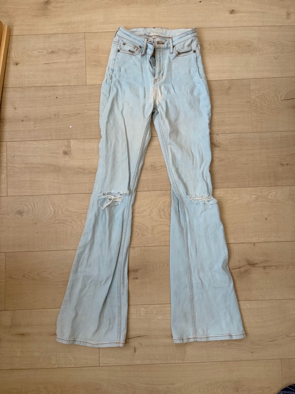 Idyllwind Light Blue High-Rise Flare Jeans with Knee Distress